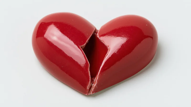 Broken red ceramic heart sculpture on white background
