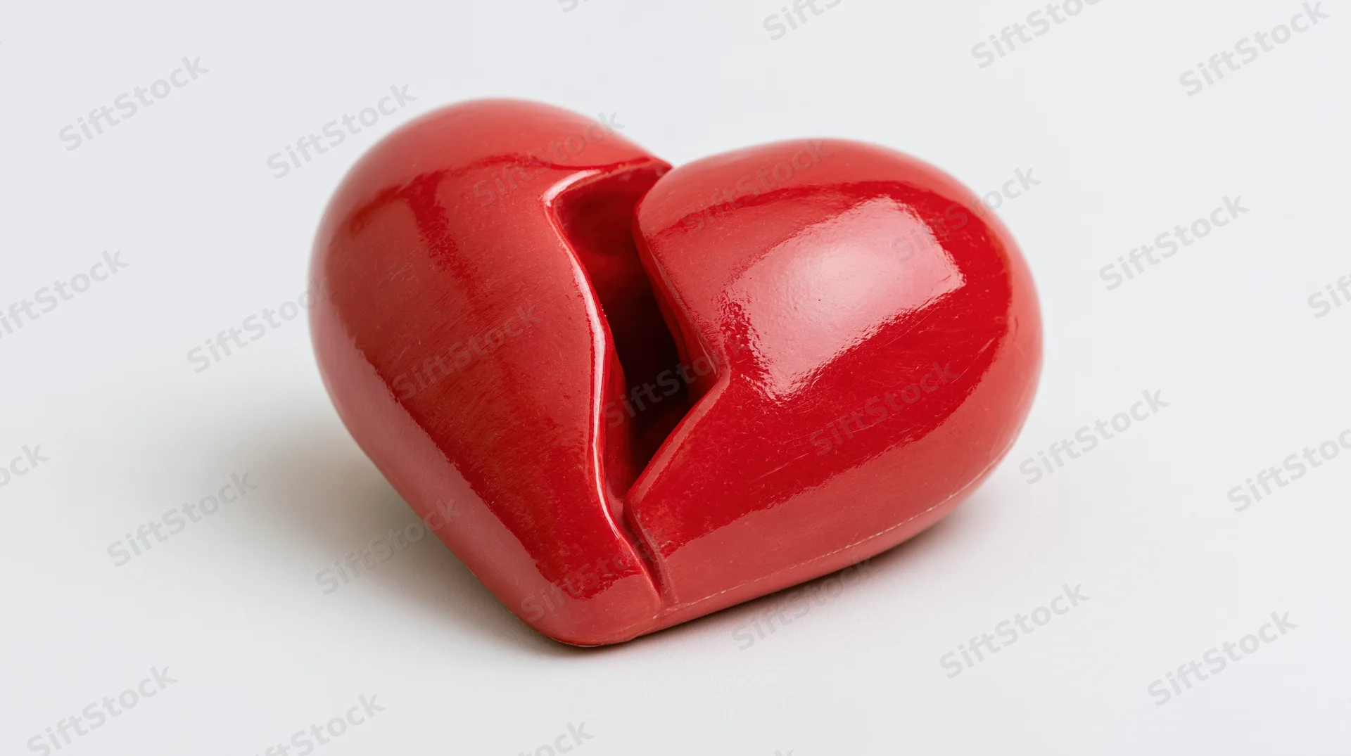 Glossy red ceramic broken heart sculpture on white background