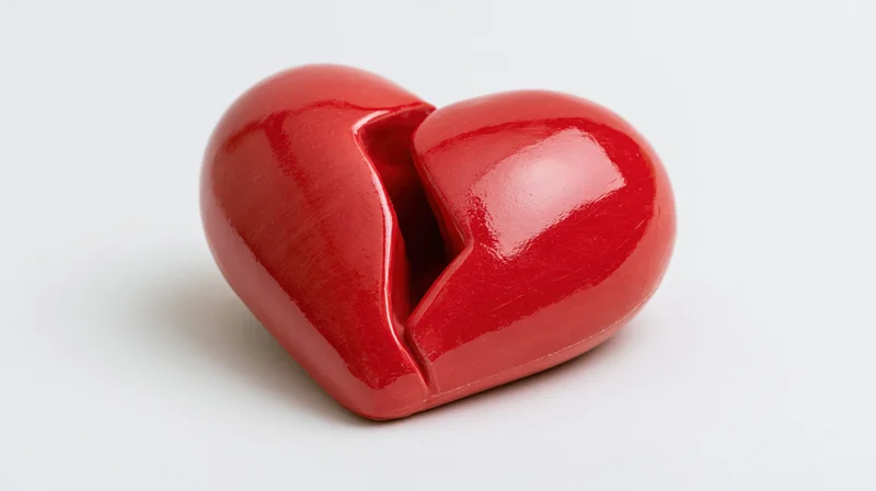 Glossy red ceramic broken heart sculpture on white background