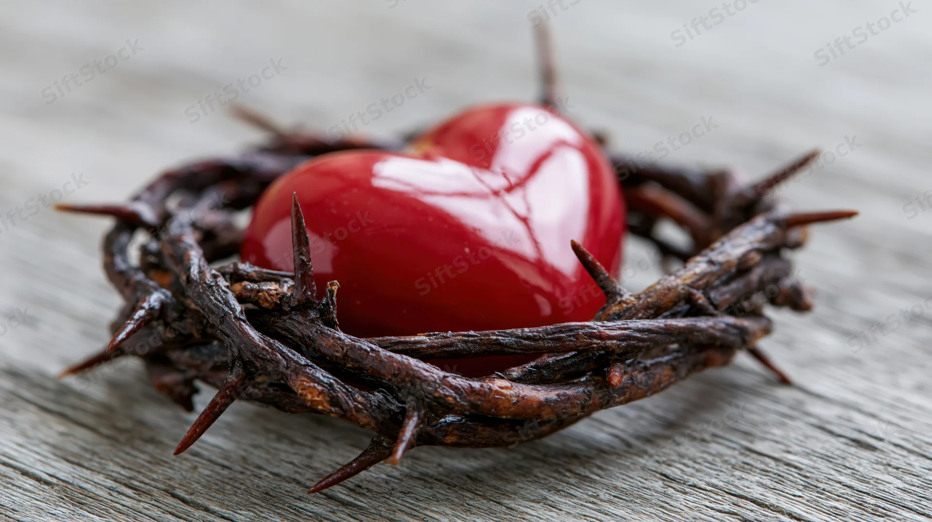 Glossy red ceramic heart resting inside a dark thorny crown on wooden surface