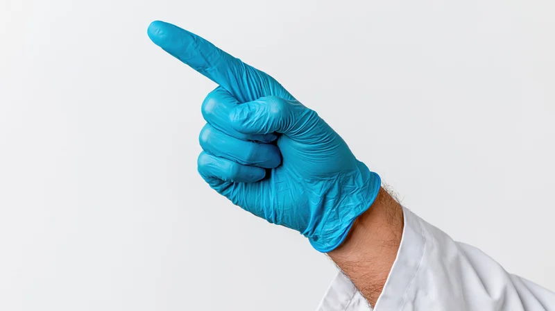 Gloved hand in blue nitrile medical glove pointing upward against white background