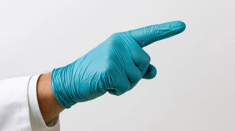 Gloved hand pointing with index finger against white background