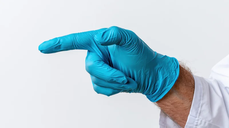 Gloved hand pointing with index finger against white background