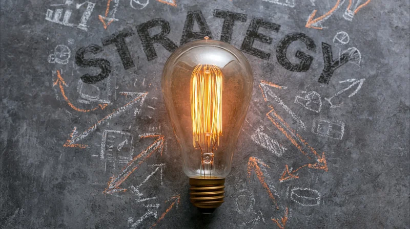 Glowing edison-style lightbulb on a chalk-drawn strategy diagram on gray concrete surface