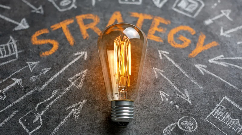 Glowing edison-style lightbulb on chalkboard with strategy text and arrows around it