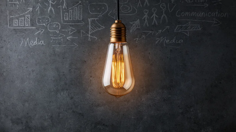 Glowing edison-style lightbulb hanging in front of a chalkboard with sketches of communication and media concepts
