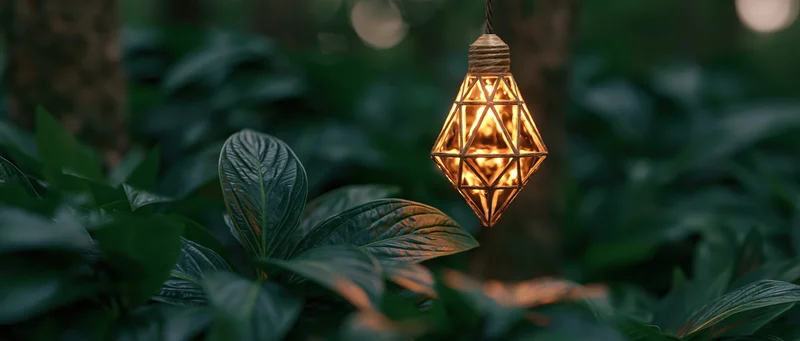 Glowing geometric wireframe lightbulb hanging among dense green foliage in a garden at twilight