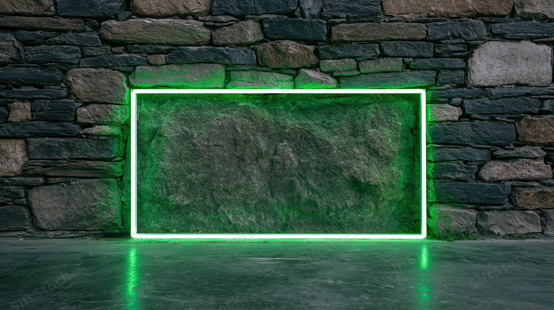 Glowing green neon rectangle frame on stone wall with concrete floor