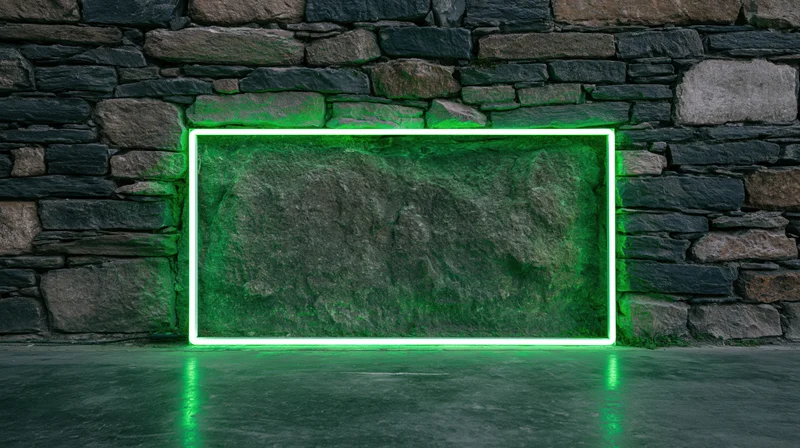 Glowing green neon rectangle frame on stone wall with concrete floor