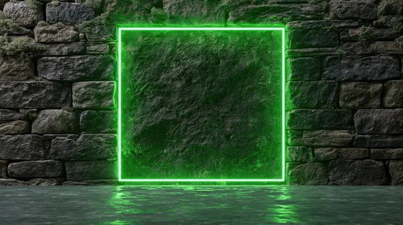 Glowing green neon portal framed in stone wall with water reflection