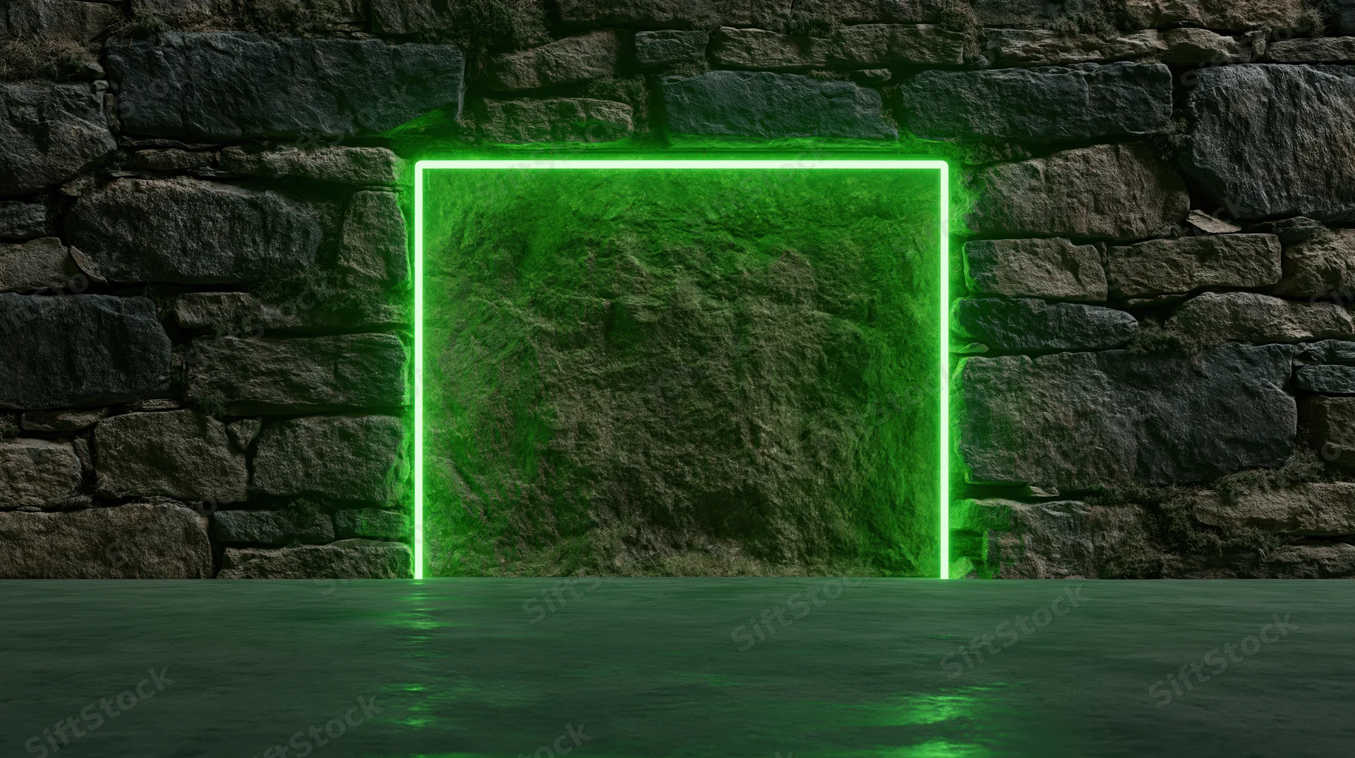 Glowing green neon portal in a stone wall with reflective floor