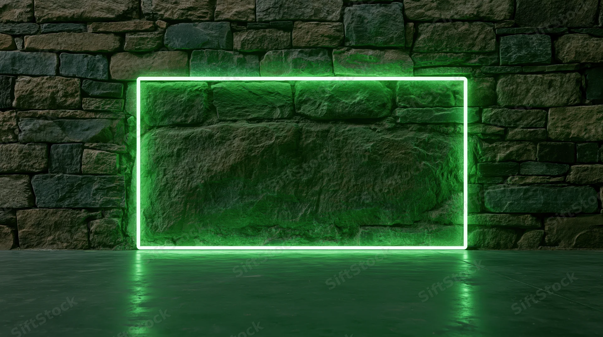 Glowing green neon rectangle forming a portal on a stone wall with reflection on the floor