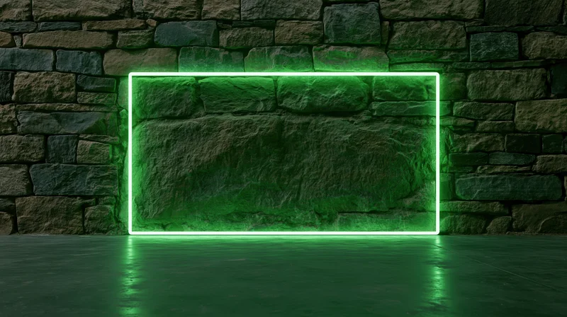 Glowing green neon rectangle forming a portal on a stone wall with reflection on the floor