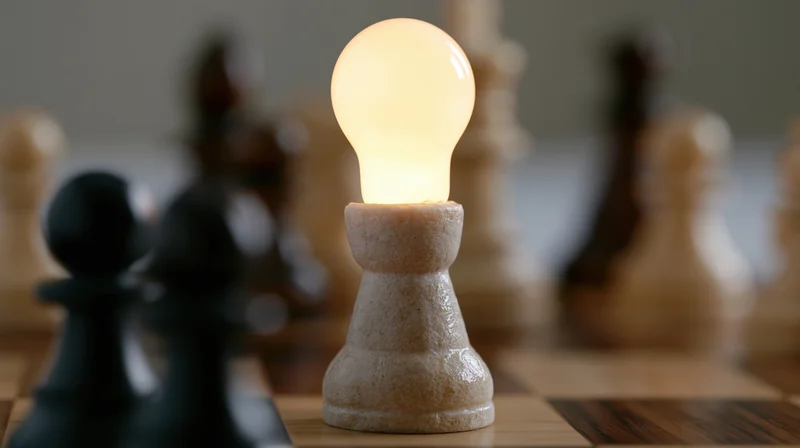 Glowing lightbulb fused onto a stone chess pawn on a wooden board with other pieces in focus and blur