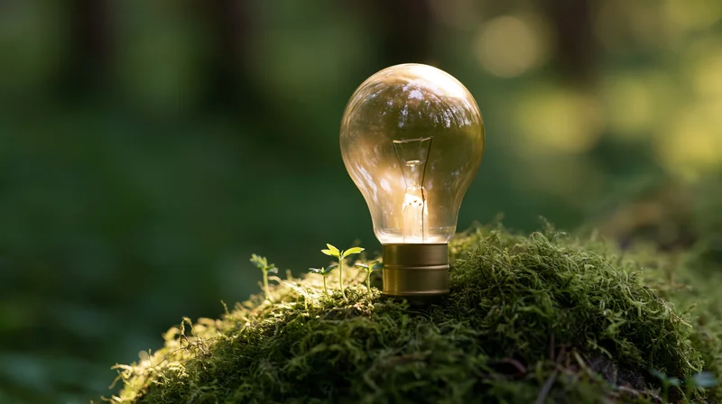 Glowing incandescent lightbulb resting on mossy forest floor with small sprouts emerging nearby