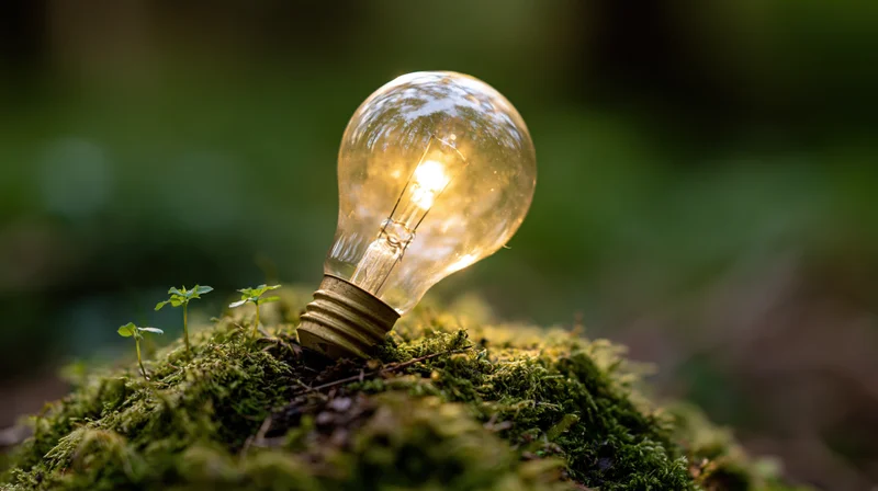 Glowing incandescent lightbulb resting on mossy ground in forest with small plants sprouting nearby