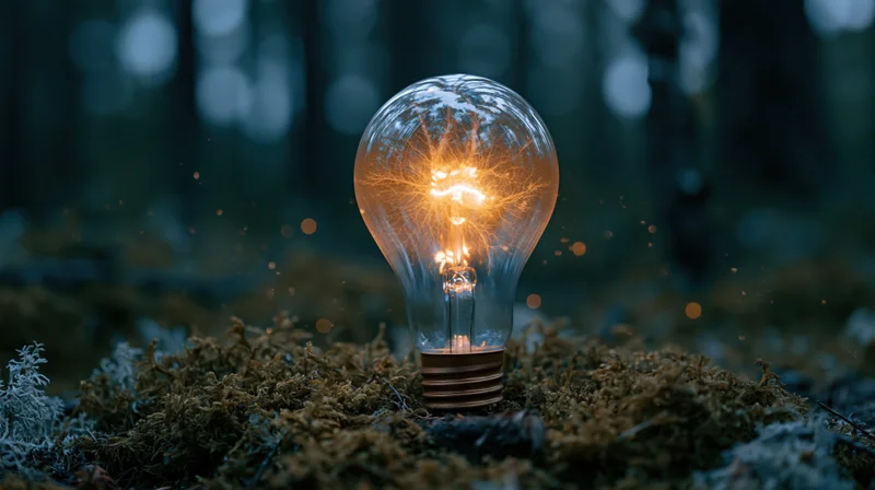 Glowing incandescent lightbulb resting on mossy ground in a dark forest