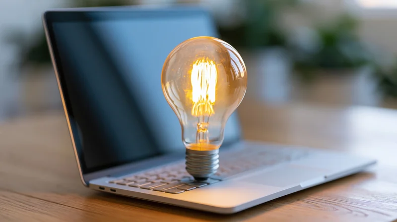 Glowing lightbulb resting on laptop keyboard in office workspace