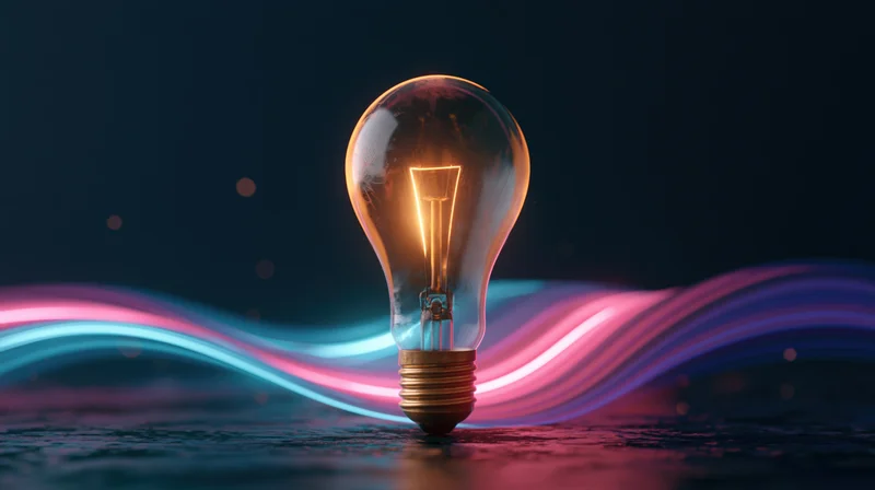 Glowing incandescent light bulb with neon light waves on dark reflective surface