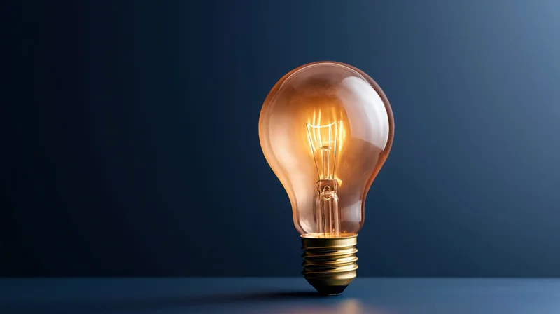 Glowing incandescent light bulb standing upright on a dark blue surface