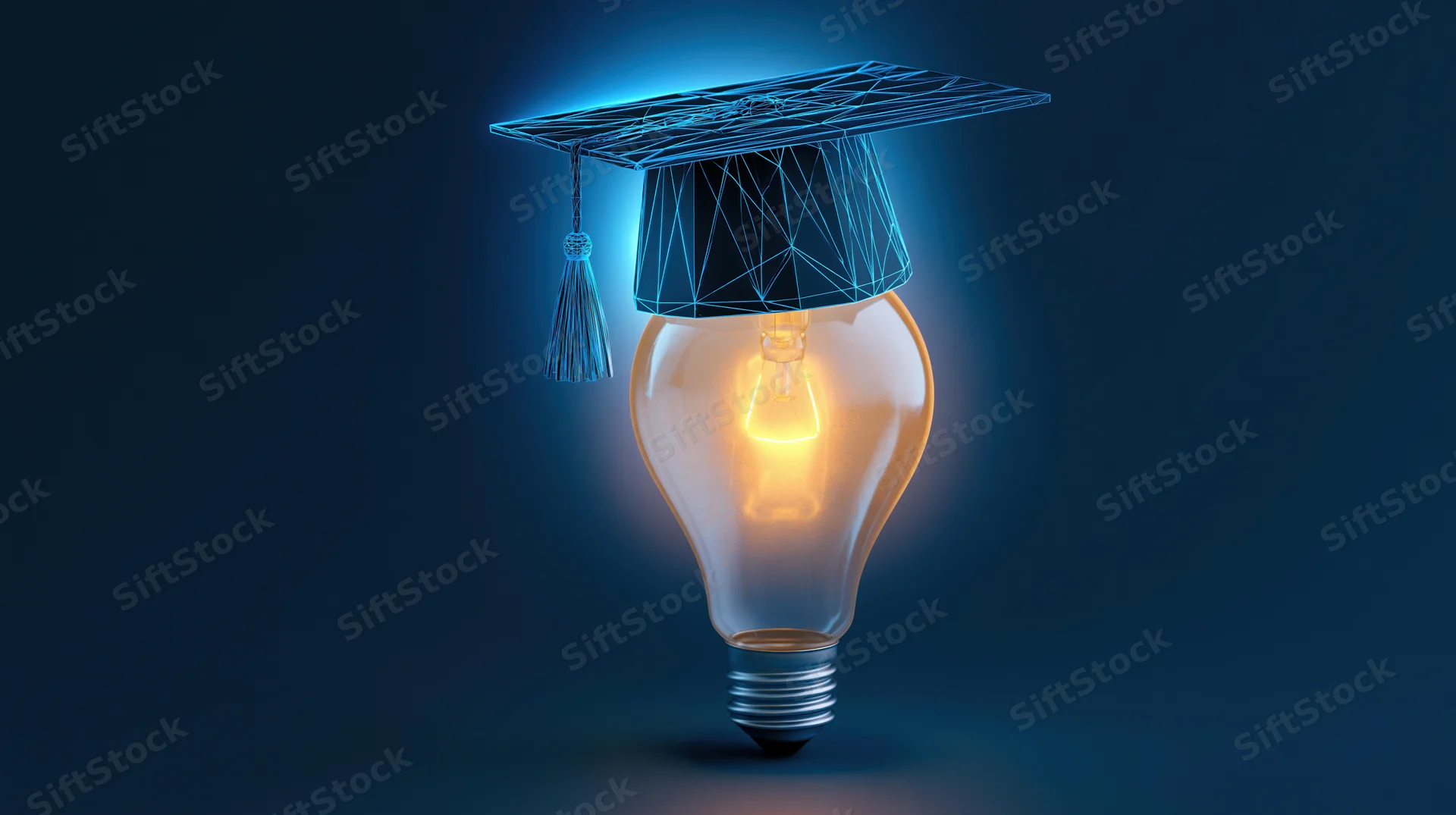 Glowing lightbulb wearing a wireframe graduation cap against a dark blue background