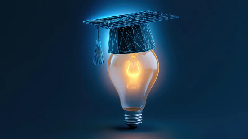 Glowing lightbulb wearing a wireframe graduation cap against a dark blue background