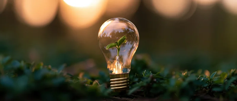 A glowing lightbulb with a small green seedling growing inside, placed on grass in a natural outdoor setting at sunrise