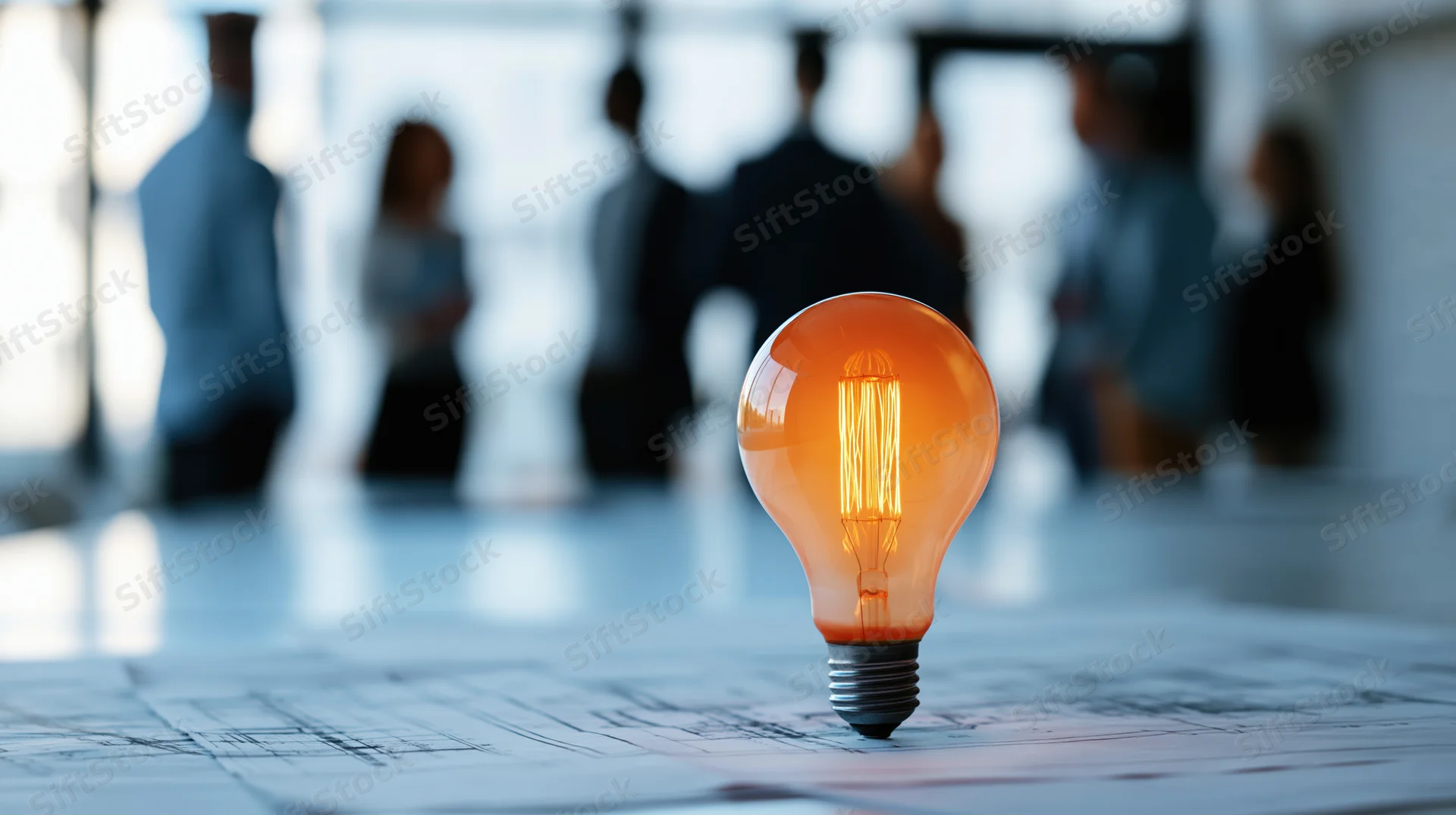 Glowing incandescent lightbulb on blueprints with blurred office team in background
