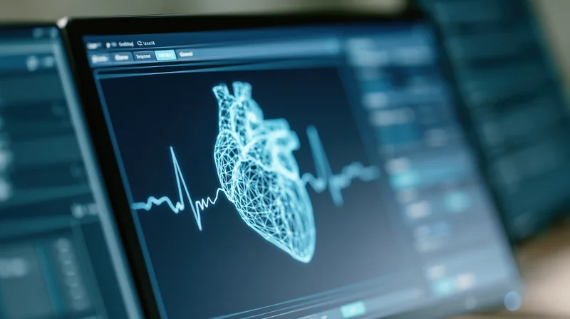 Digital wireframe heart model displayed on laptop screen with ekg waveform in dark interface