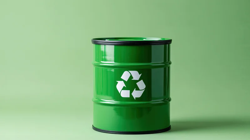 Green metal barrel with white recycling symbol on plain green background
