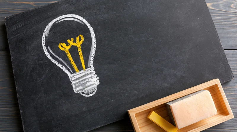 Chalk-drawn lightbulb on blackboard with chalk and eraser in wooden tray on dark wood surface