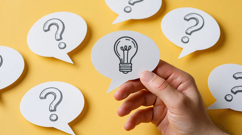 Hand holding a paper speech bubble with a lightbulb drawing among others with question marks on a yellow background