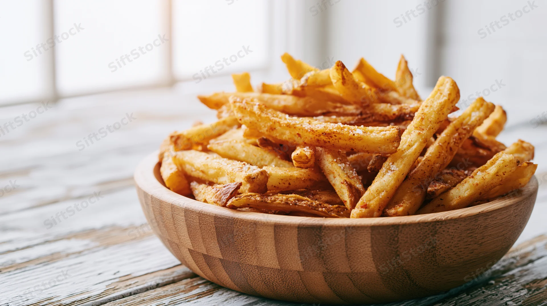 Golden seasoned french fries piled in a wooden bowl on a rustic wooden table