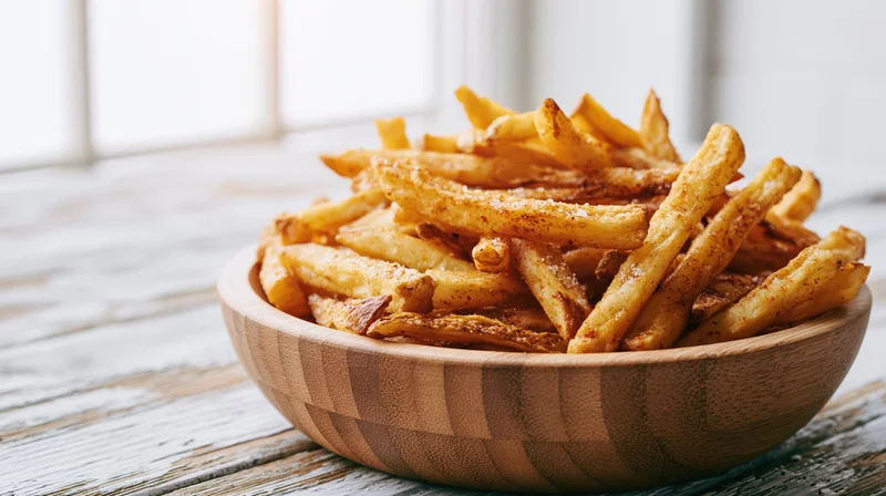 Golden seasoned french fries piled in a wooden bowl on a rustic wooden table