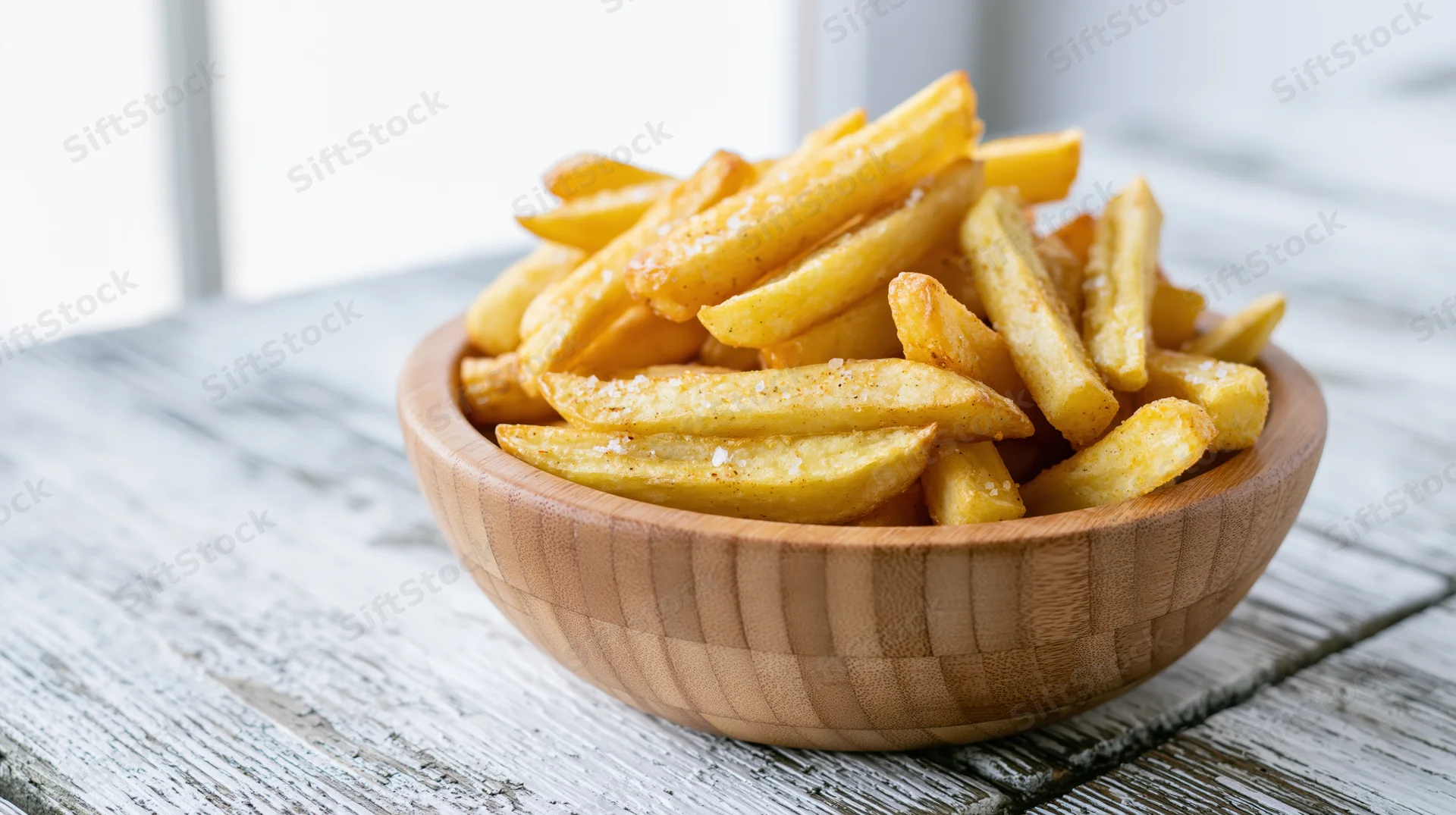 Golden seasoned french fries in a wooden bowl on a rustic table