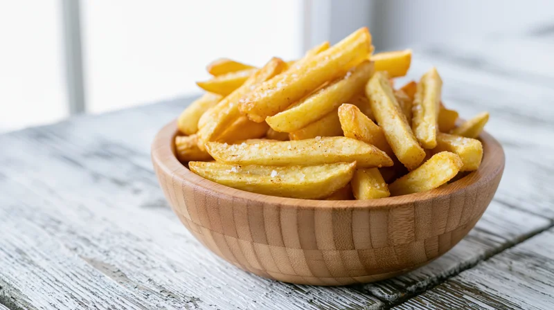 Golden seasoned french fries in a wooden bowl on a rustic table