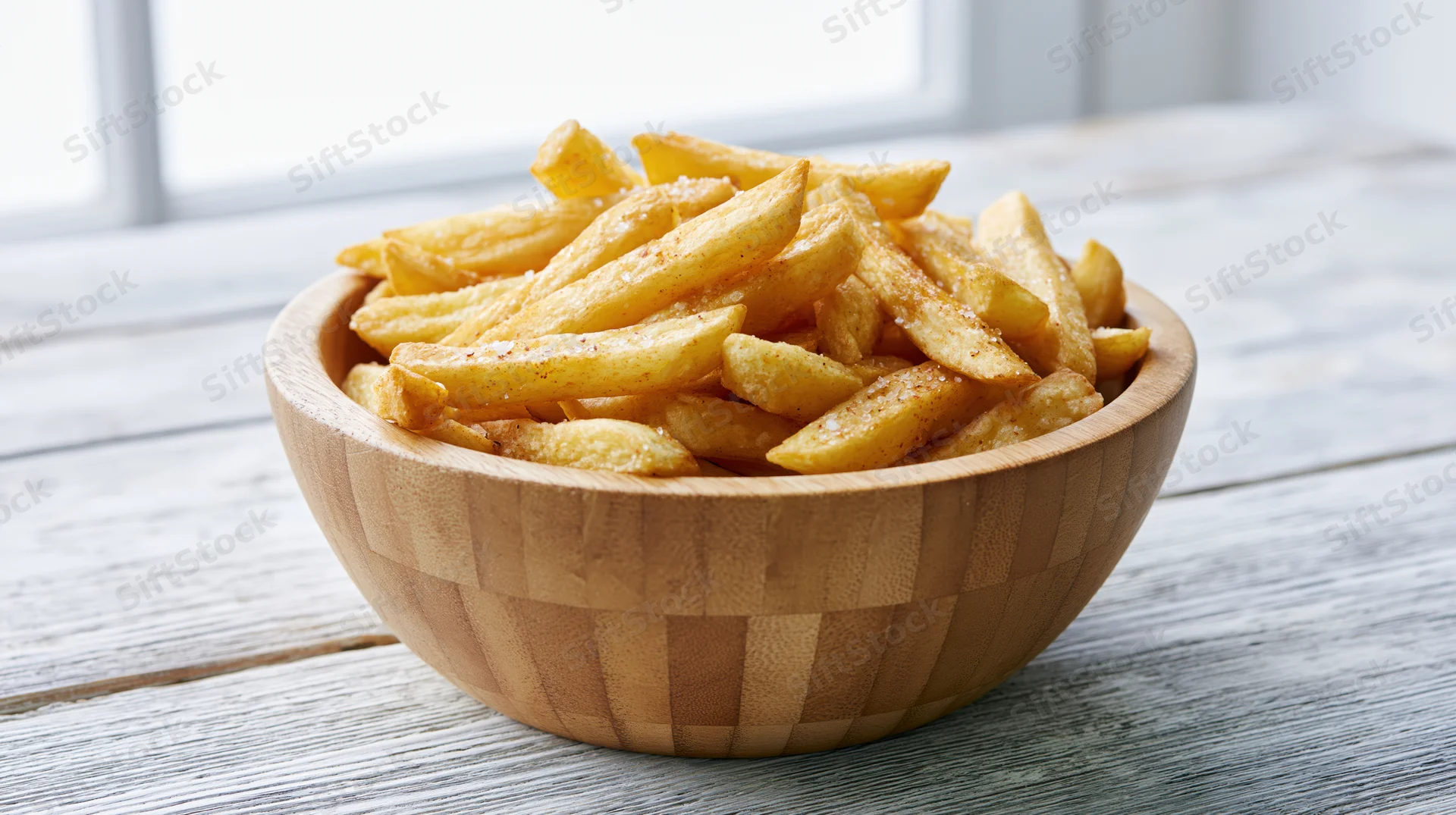 Golden seasoned french fries in a wooden bowl on a light wooden table