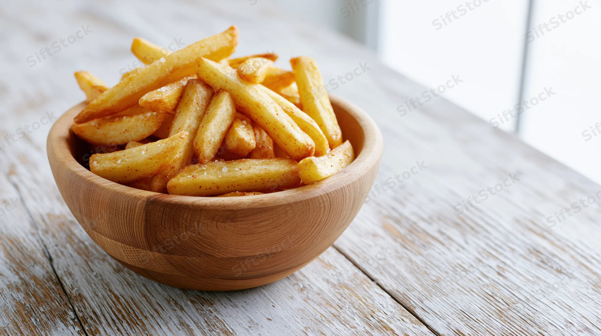 Golden seasoned french fries in a wooden bowl on a rustic wooden table
