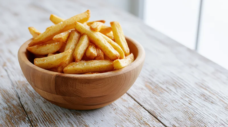 Golden seasoned french fries in a wooden bowl on a rustic wooden table
