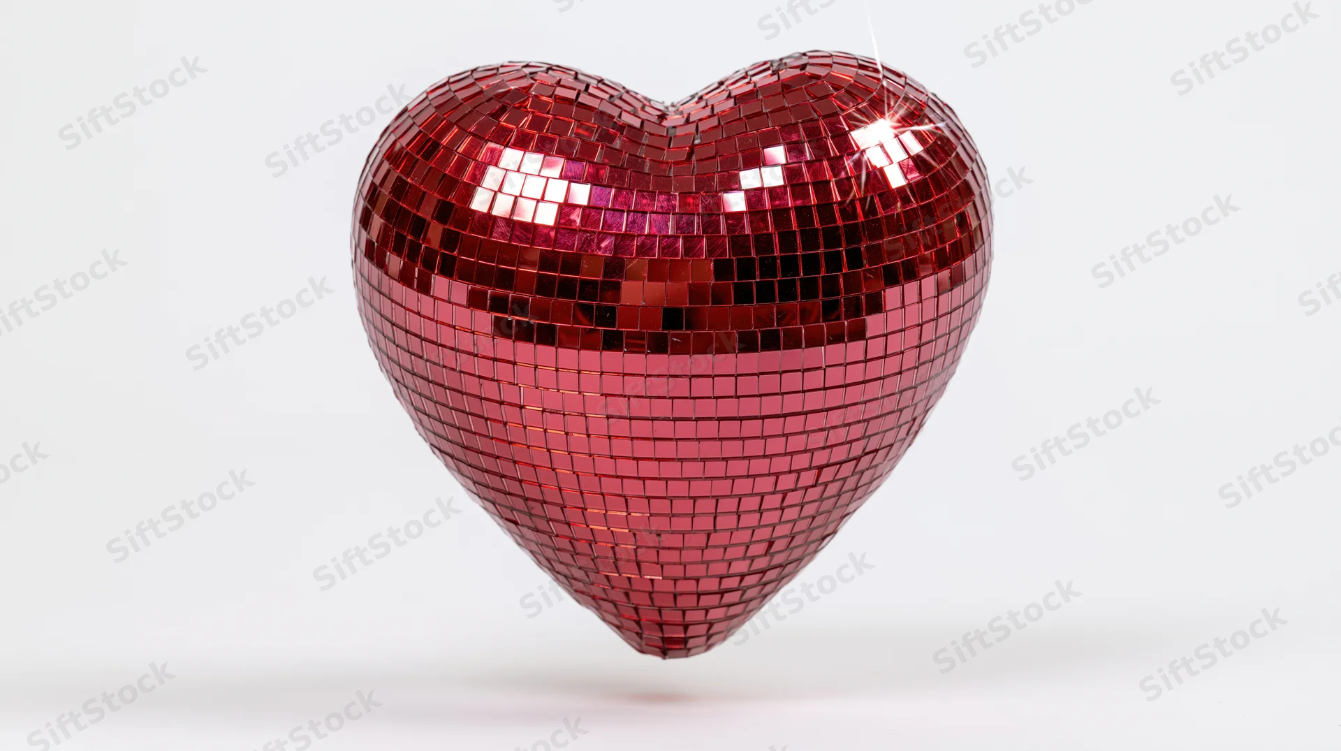 Heart-shaped disco mirror ball floating against white background