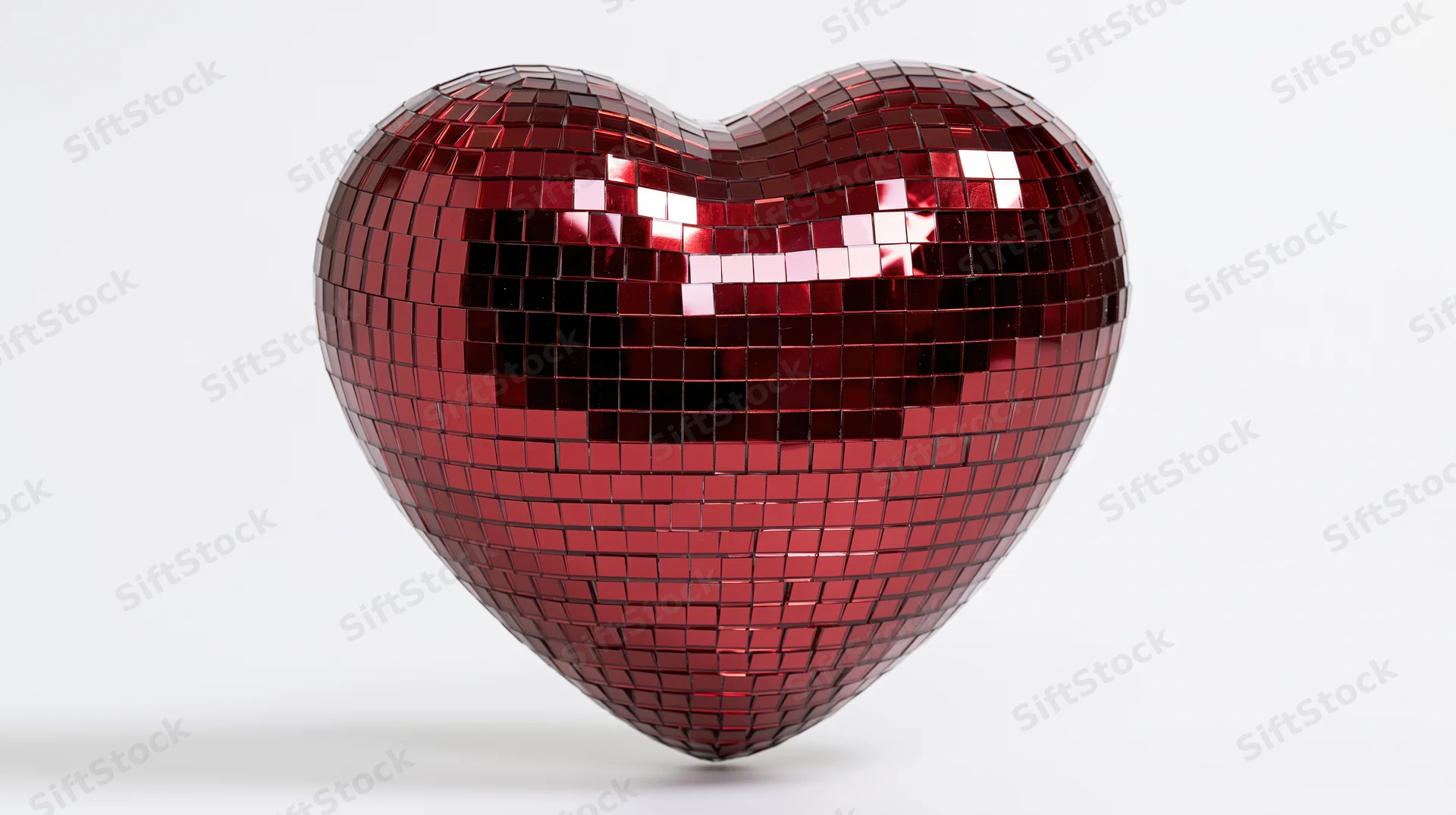 Heart-shaped disco mirror ball covered in small red reflective tiles on white background