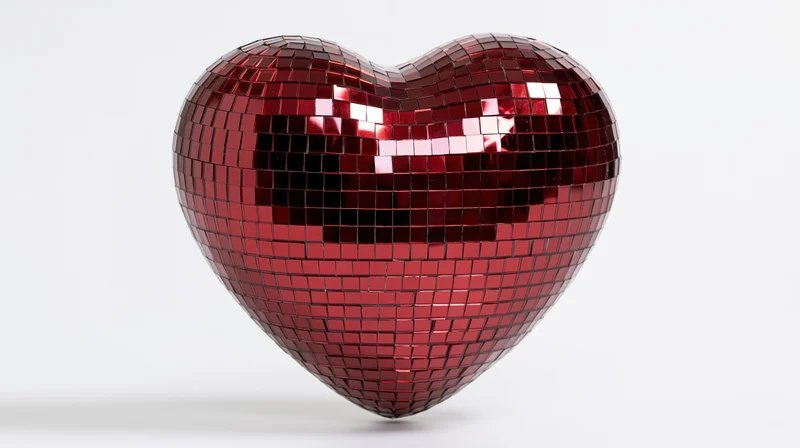 Heart-shaped disco mirror ball covered in small red reflective tiles on white background