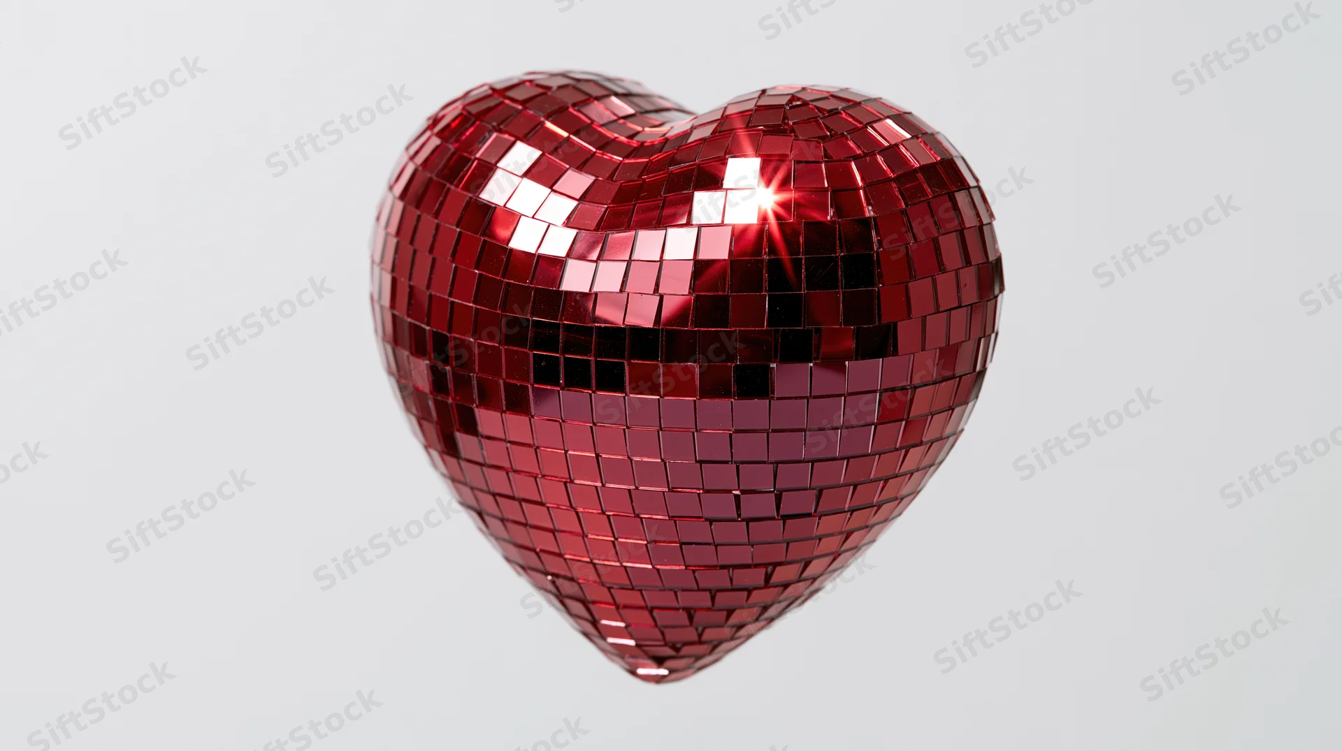 Heart-shaped disco mirror ball covered in small red reflective tiles floating against a white background