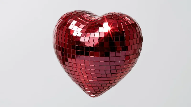 Heart-shaped disco mirror ball covered in small red reflective tiles floating against a white background