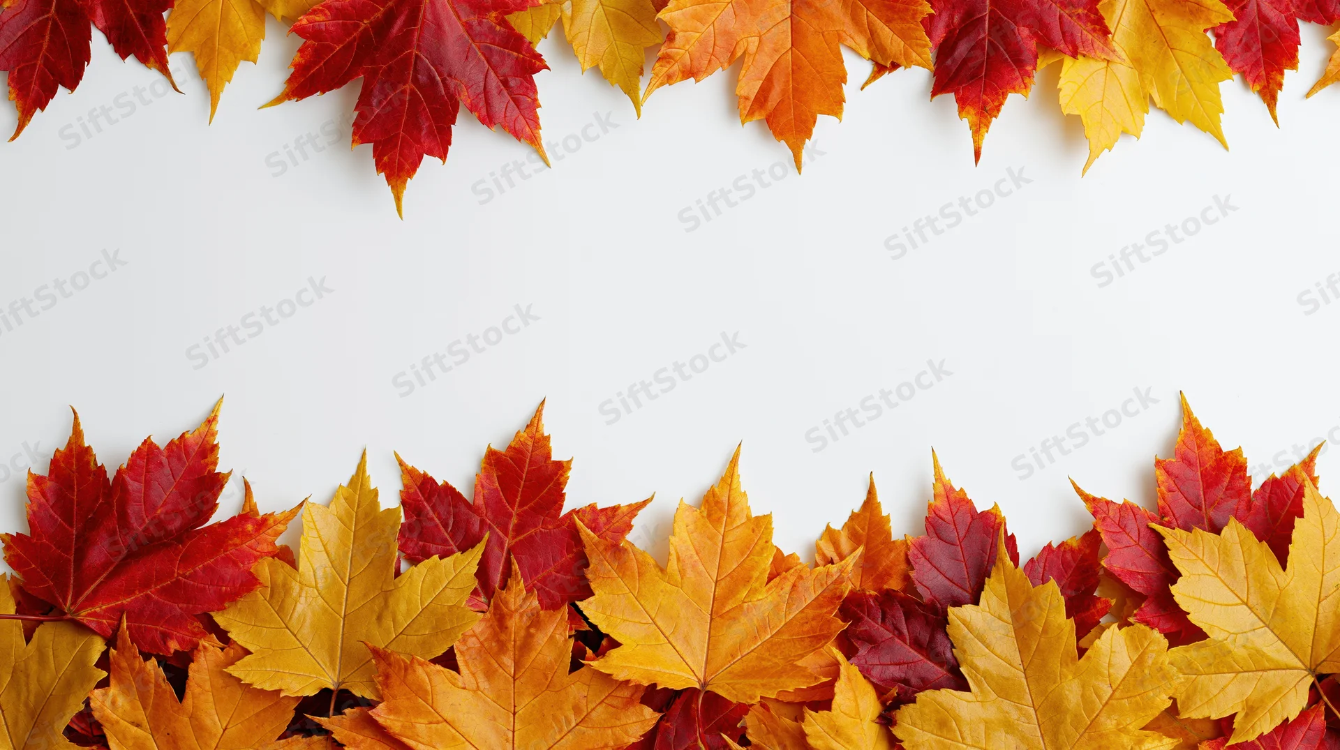 Autumn maple leaves arranged in horizontal borders at top and bottom of white surface