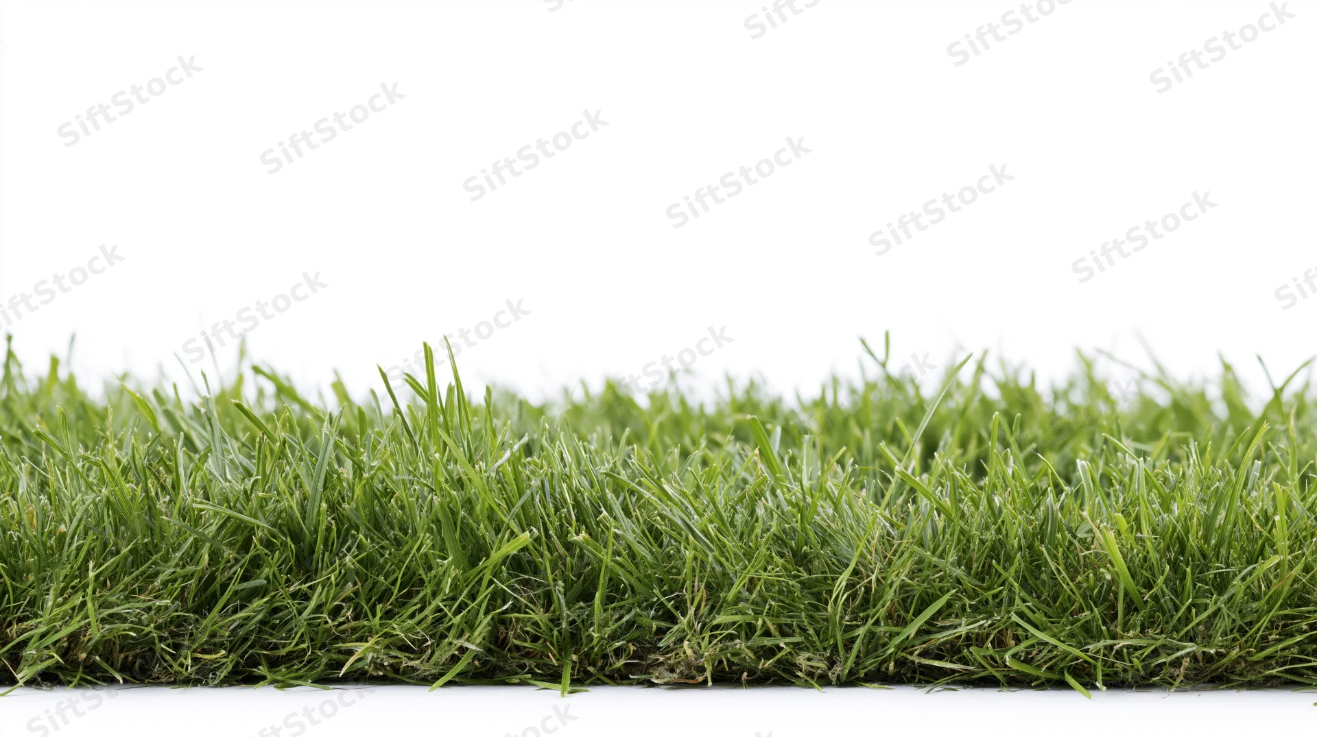 Horizontal strip of fresh green grass at bottom of frame against white background
