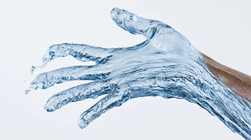 Hand formed from flowing water against white background