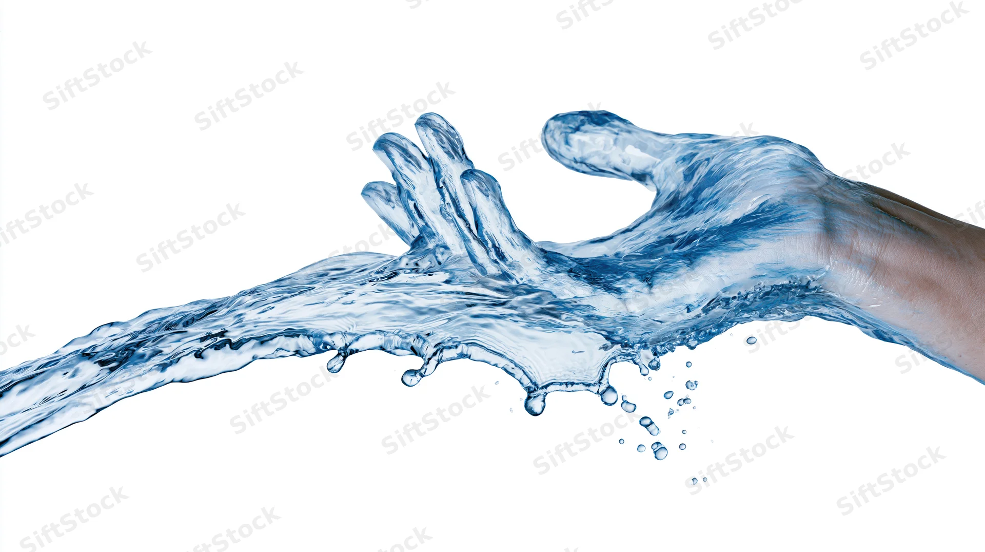 Water forming a hand shape with fingers extended against white background