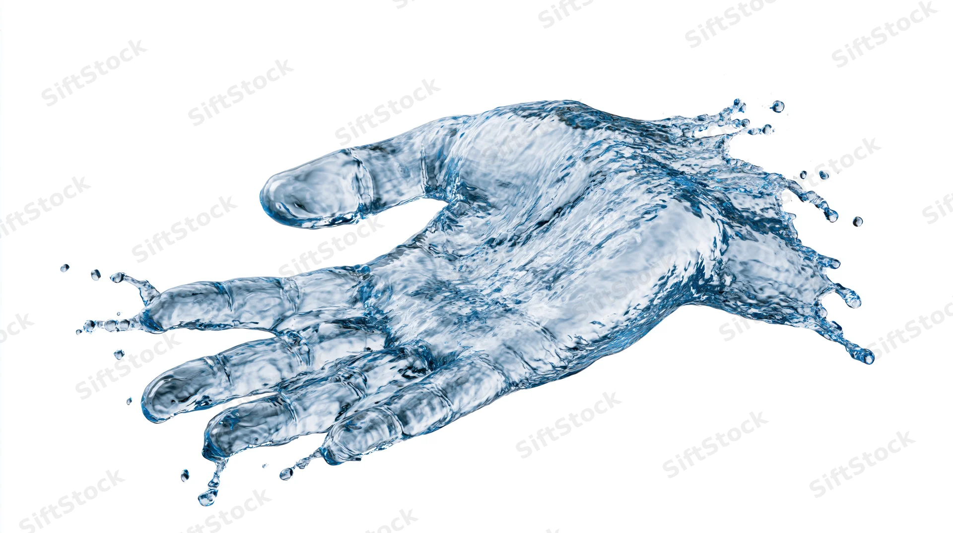 Water forming a human hand shape mid-splash against white background