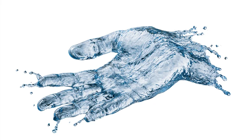 Water forming a human hand shape mid-splash against white background